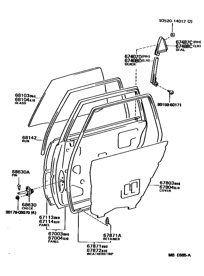 Toyota CAMRY 后门板和后门玻璃 EPC diagram — MBE685A