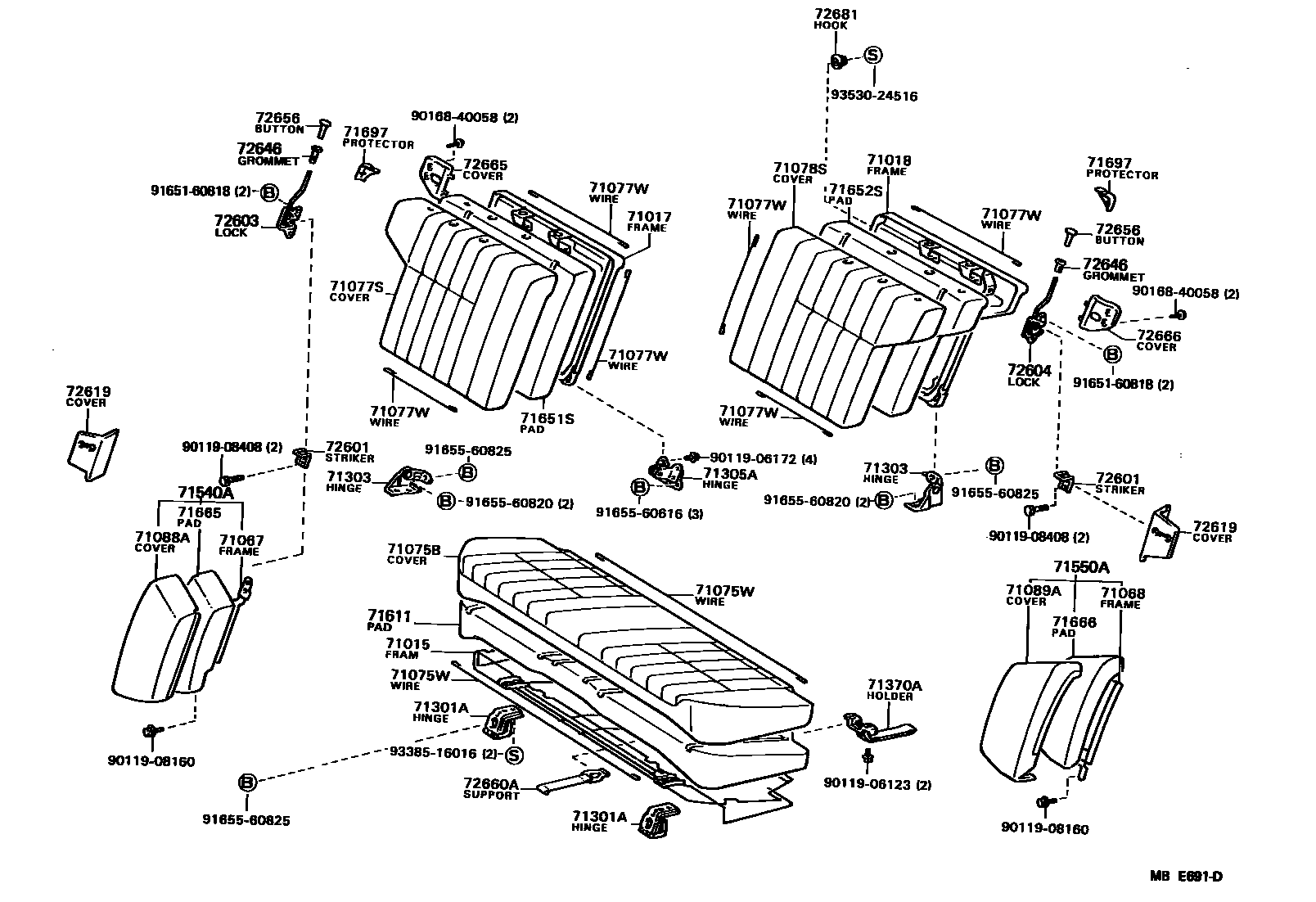 Toyota CAMRY 后排座椅和座椅滑轨 EPC diagram — MBE691D