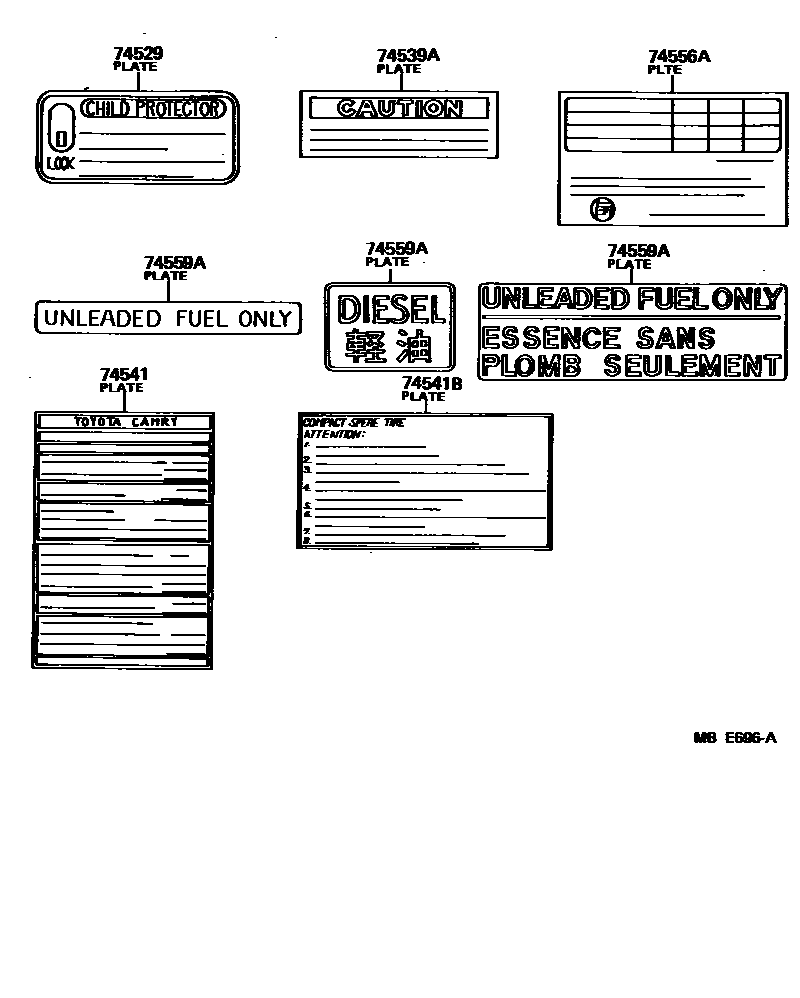 Toyota CAMRY 警示铭牌(车外和车内) EPC diagram — MBE696A