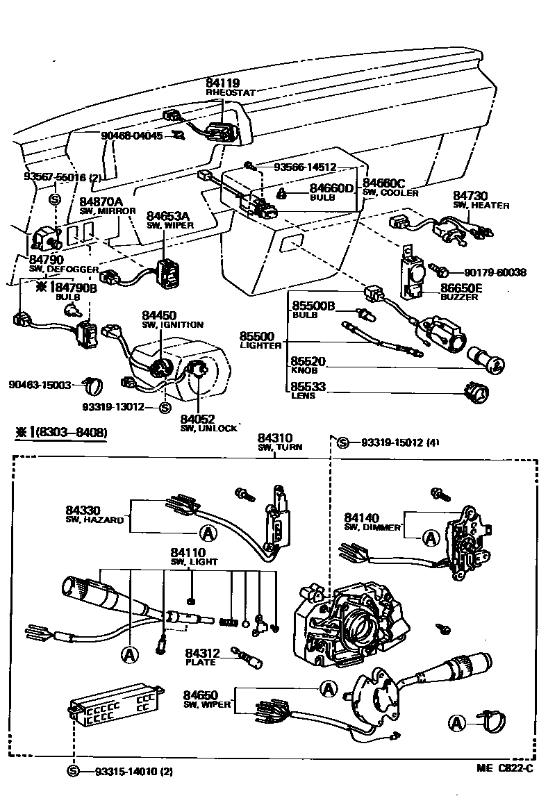 Toyota CAMRY 开关和继电器和ECU EPC diagram — MEC822C