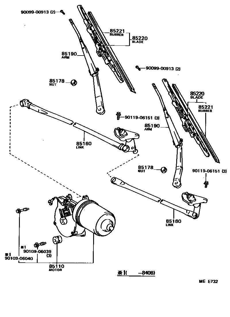 Toyota CAMRY 挡风玻璃刮水器 EPC diagram — MEE732