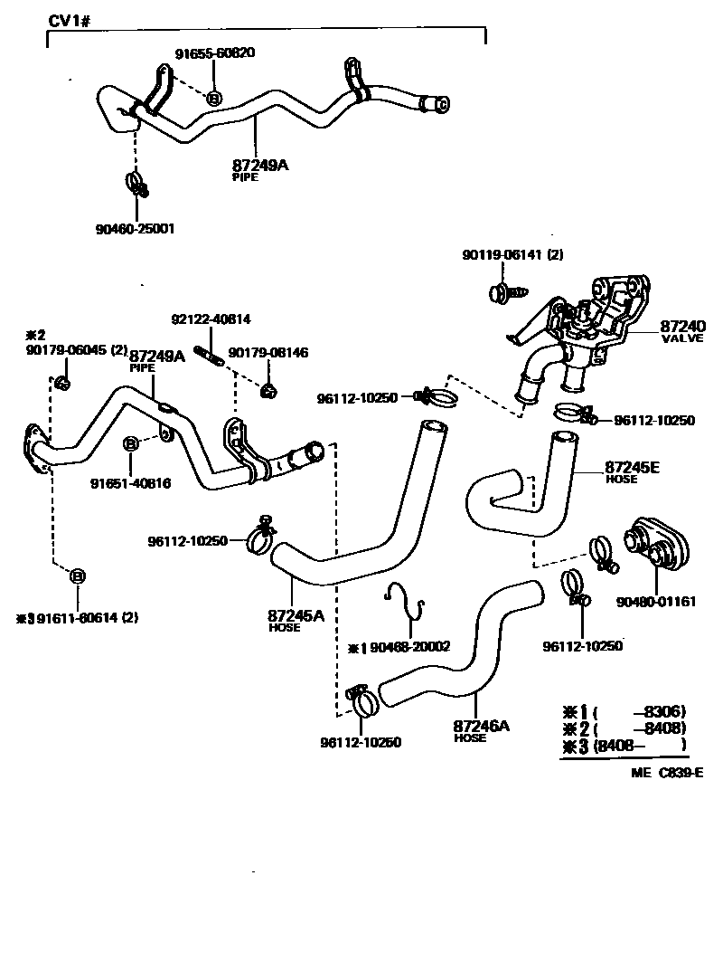 Toyota CAMRY 暖风和空调系统 - 水管 EPC diagram — MEC839E