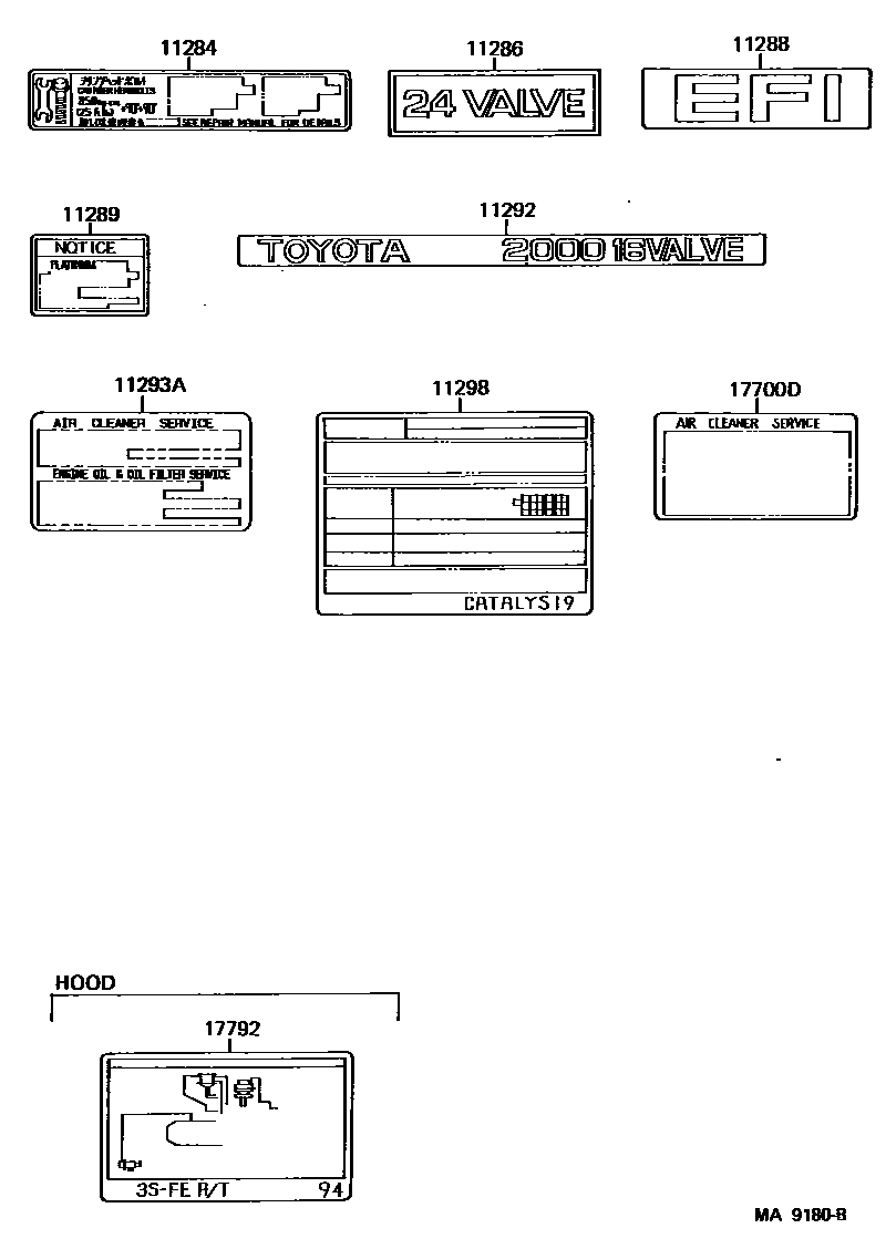 Toyota CAMRY 警示铭牌和名称铭牌(发动机) EPC diagram — MA9180B