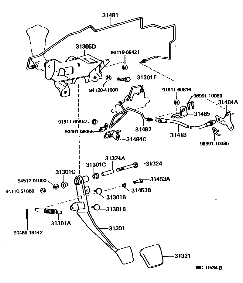 Toyota CAMRY 离合器踏板和挠性软管 EPC diagram — MCD534B