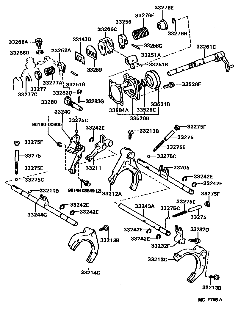 Toyota CAMRY 换档拨叉和换档杆轴(MTM) EPC diagram — MCF756A