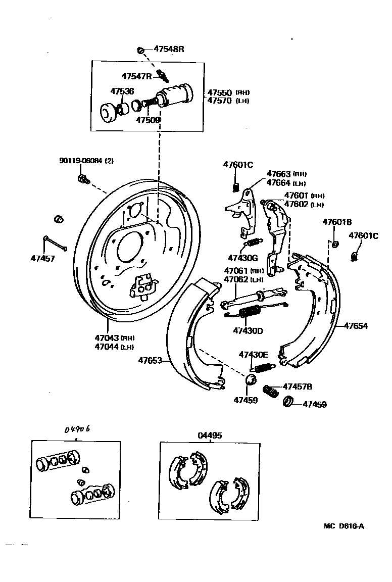 Toyota CAMRY 后鼓式制动器分泵和底板 EPC diagram — MCD616A