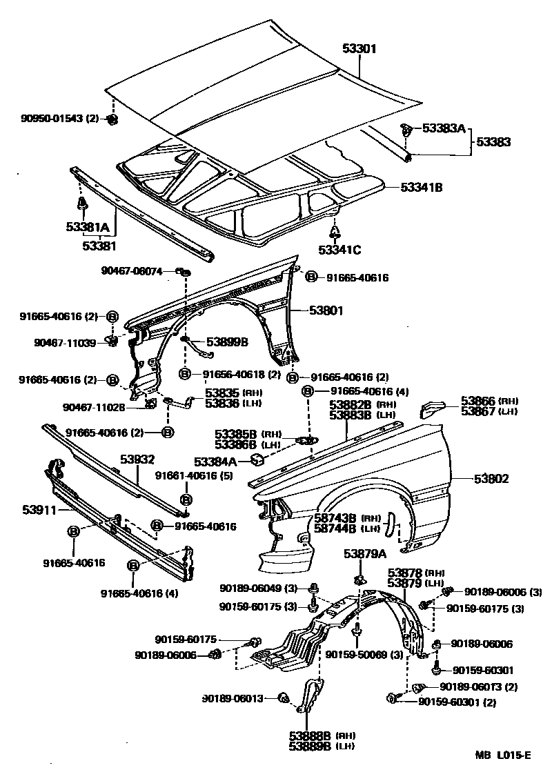 Toyota CAMRY 发动机盖和前翼子板 EPC diagram — MBL015E