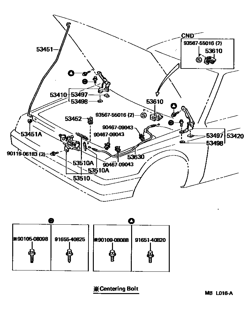 Toyota CAMRY 发动机盖锁和铰链 EPC diagram — MBL016A