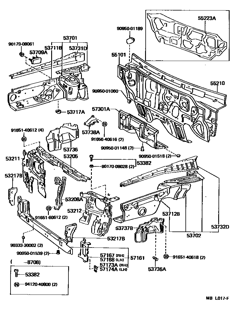 Toyota CAMRY 前翼子板挡泥板和前围板 EPC diagram — MBL017F