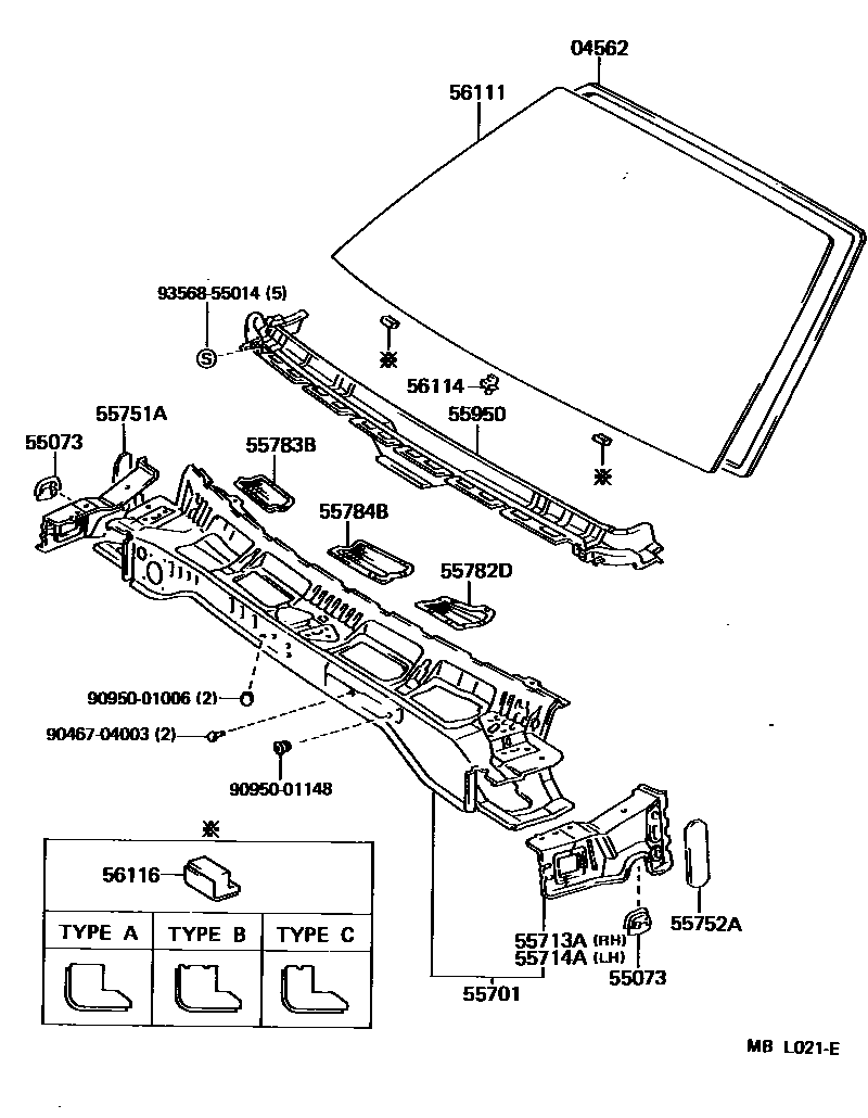 Toyota CAMRY 前围板和挡风玻璃 EPC diagram — MBL021E