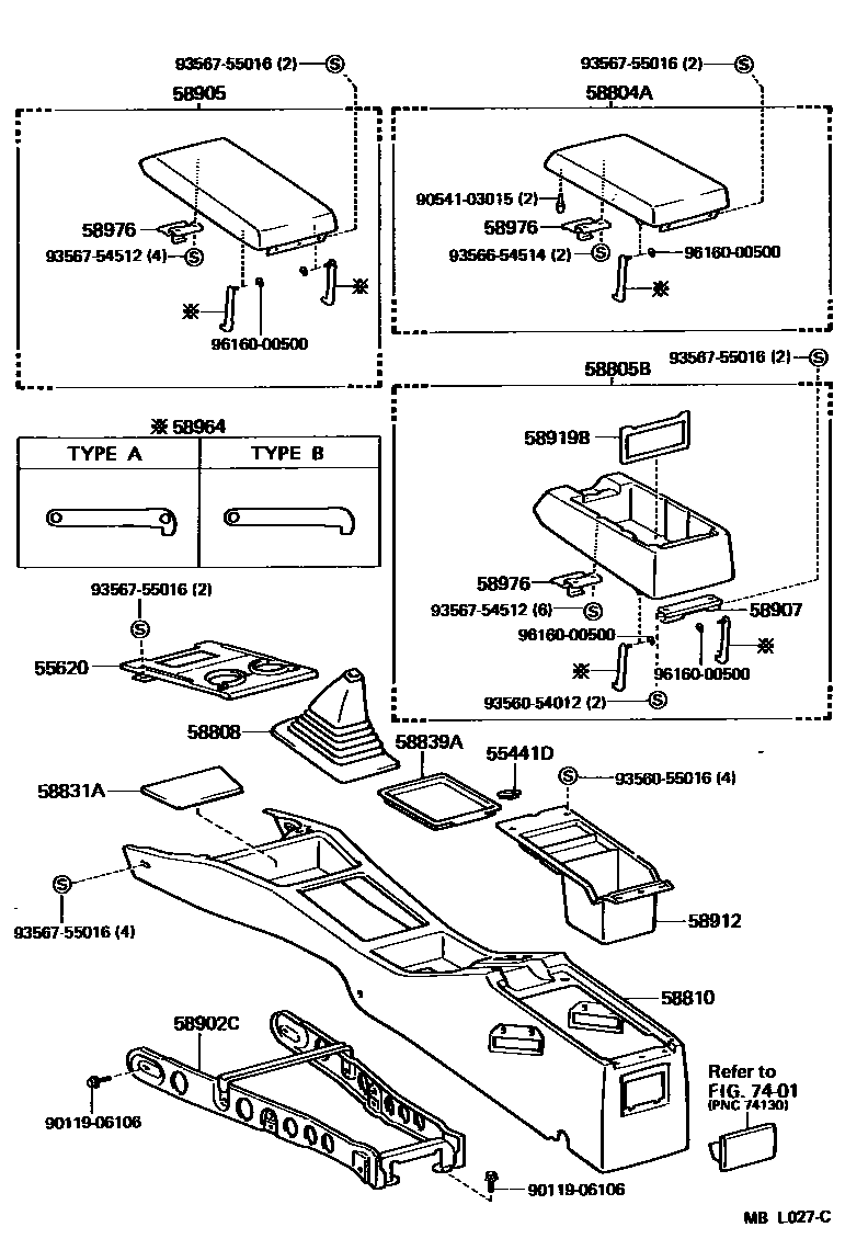 Toyota CAMRY 中央扶手箱和支架 EPC diagram — MBL027C