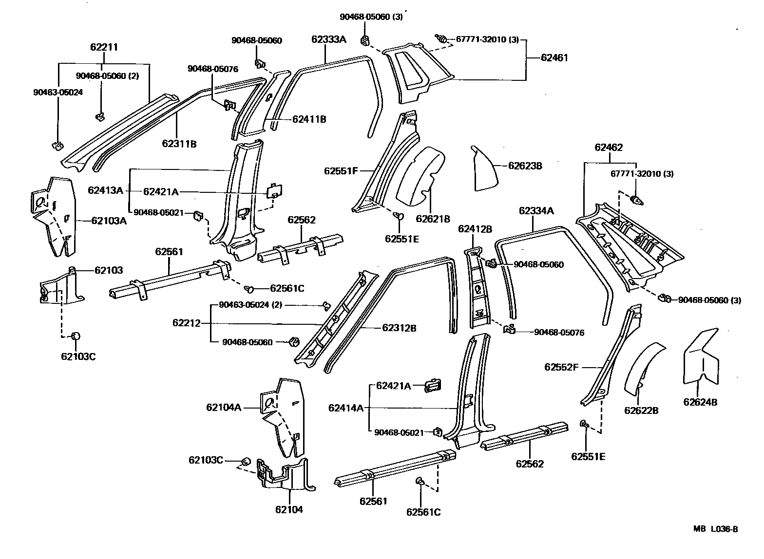 Toyota CAMRY 内饰板和车门防水胶条 EPC diagram — MBL036B