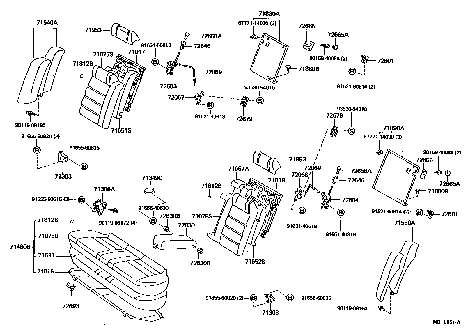 Toyota CAMRY 后排座椅和座椅滑轨 EPC diagram — MBL051A