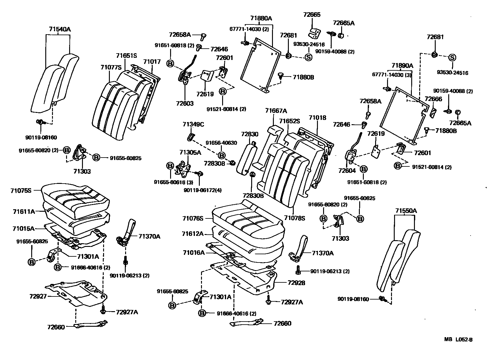 Toyota CAMRY 后排座椅和座椅滑轨 EPC diagram — MBL052B