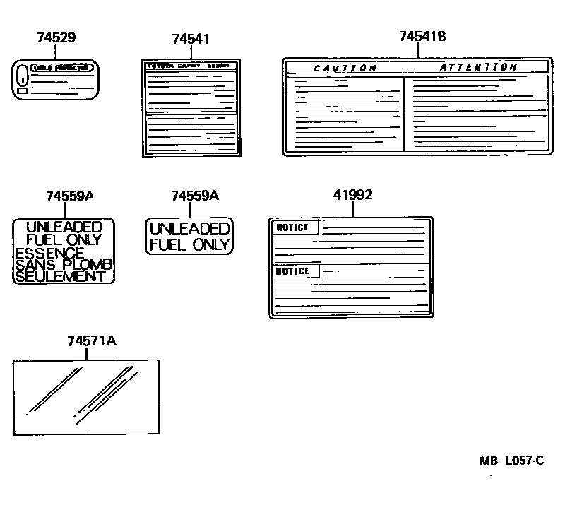 Toyota CAMRY 警示铭牌(车外和车内) EPC diagram — MBL057C