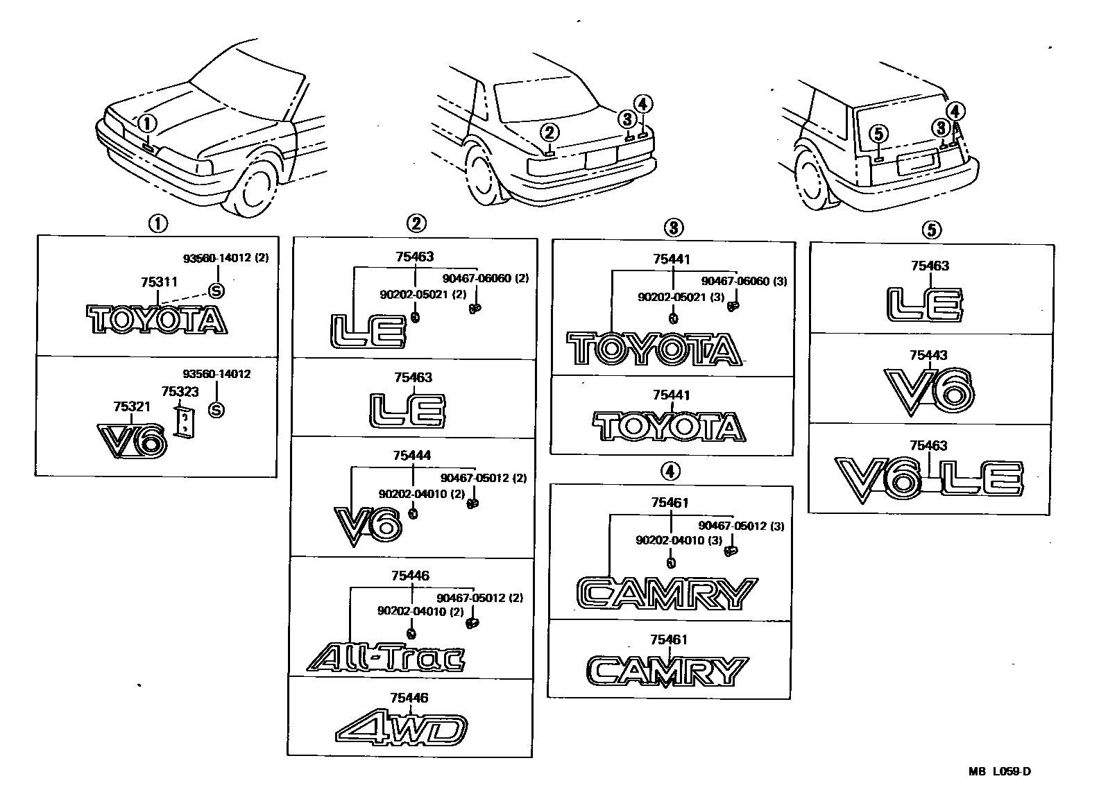 Toyota CAMRY 丰田徽标和铭牌(车外和车内) EPC diagram — MBL059D