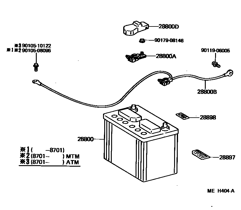 Toyota CAMRY 蓄电池和蓄电池电缆 EPC diagram — MEH404A