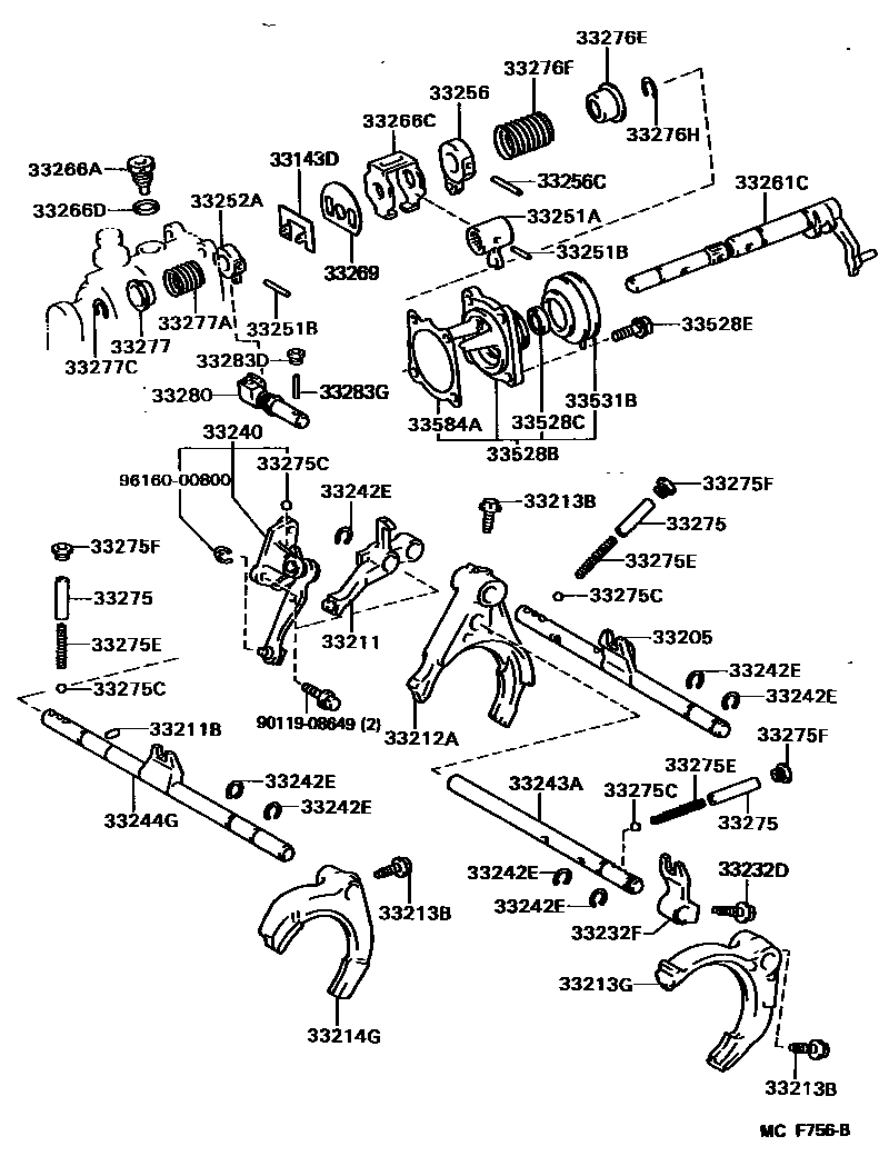 Toyota CAMRY 换档拨叉和换档杆轴(MTM) EPC diagram — MCF756B