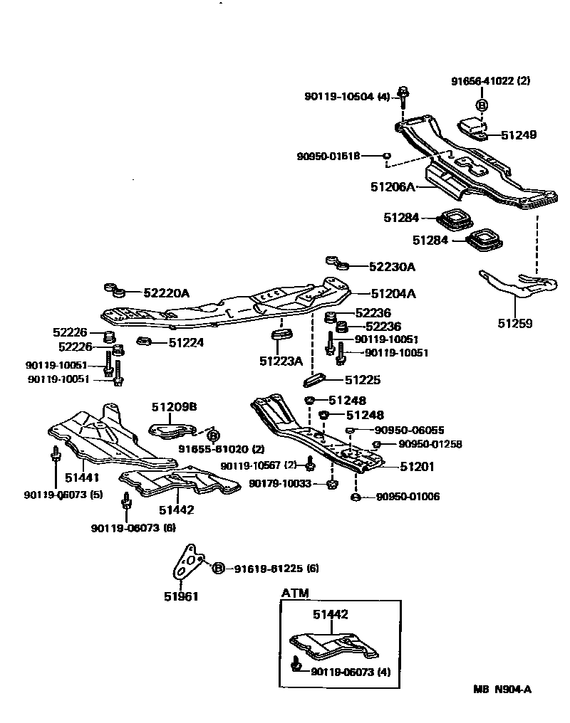 Toyota CAMRY 悬架横梁和发动机底罩 EPC diagram — MBN904A