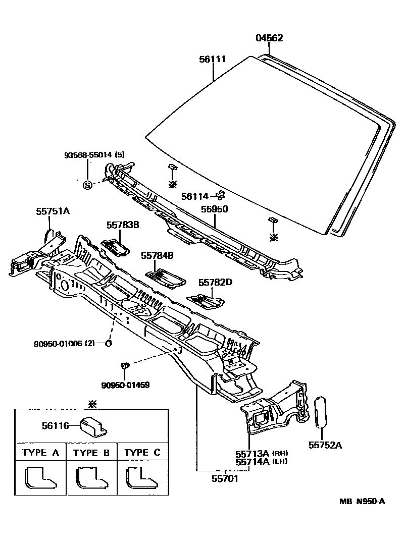 Toyota CAMRY 前围板和挡风玻璃 EPC diagram — MBN950A