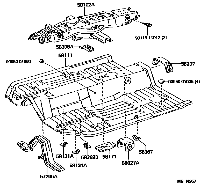 Toyota CAMRY 浅盘形地板和车身下背板 EPC diagram — MBN957