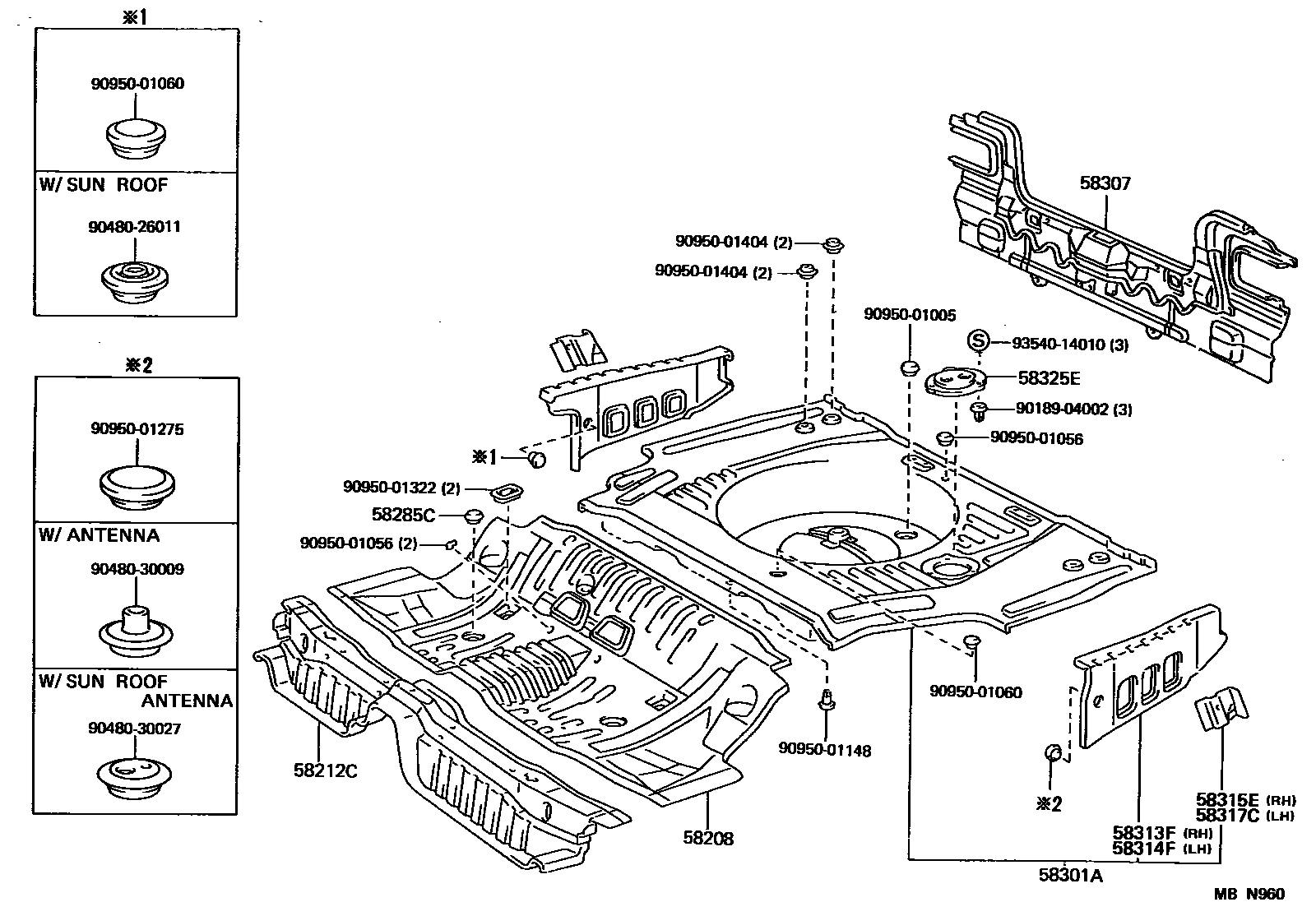 Toyota CAMRY 浅盘形地板和车身下背板 EPC diagram — MBN960