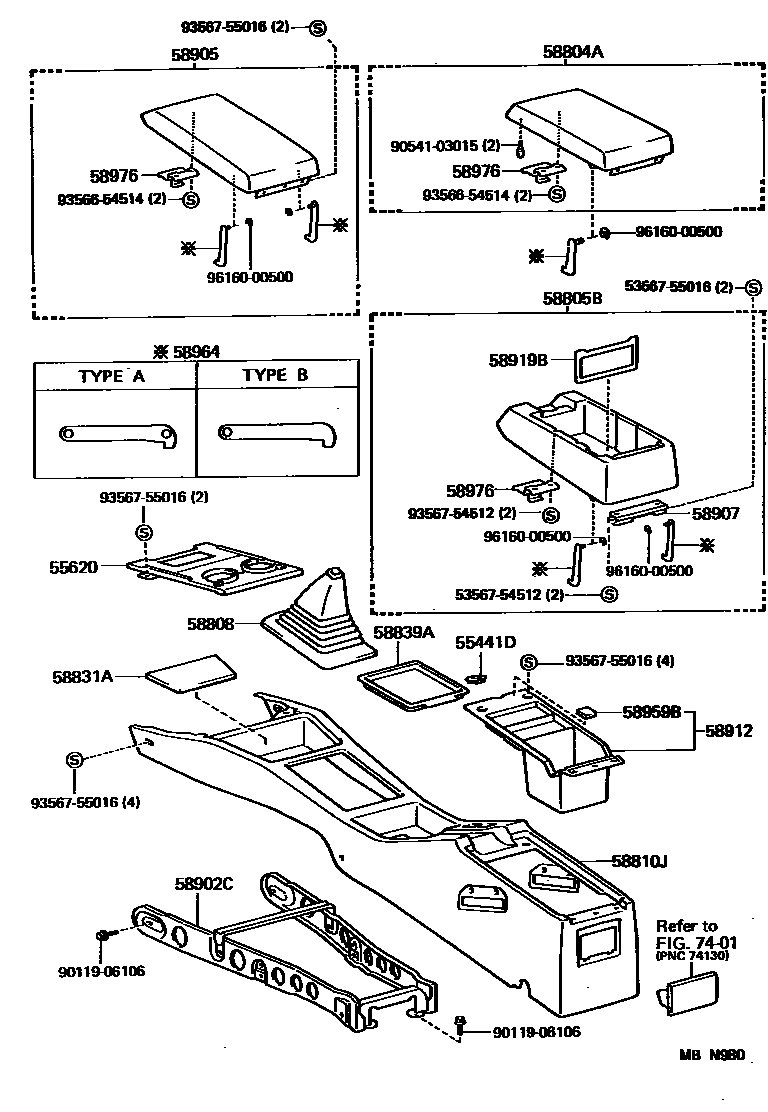 Toyota CAMRY 中央扶手箱和支架 EPC diagram — MBN980
