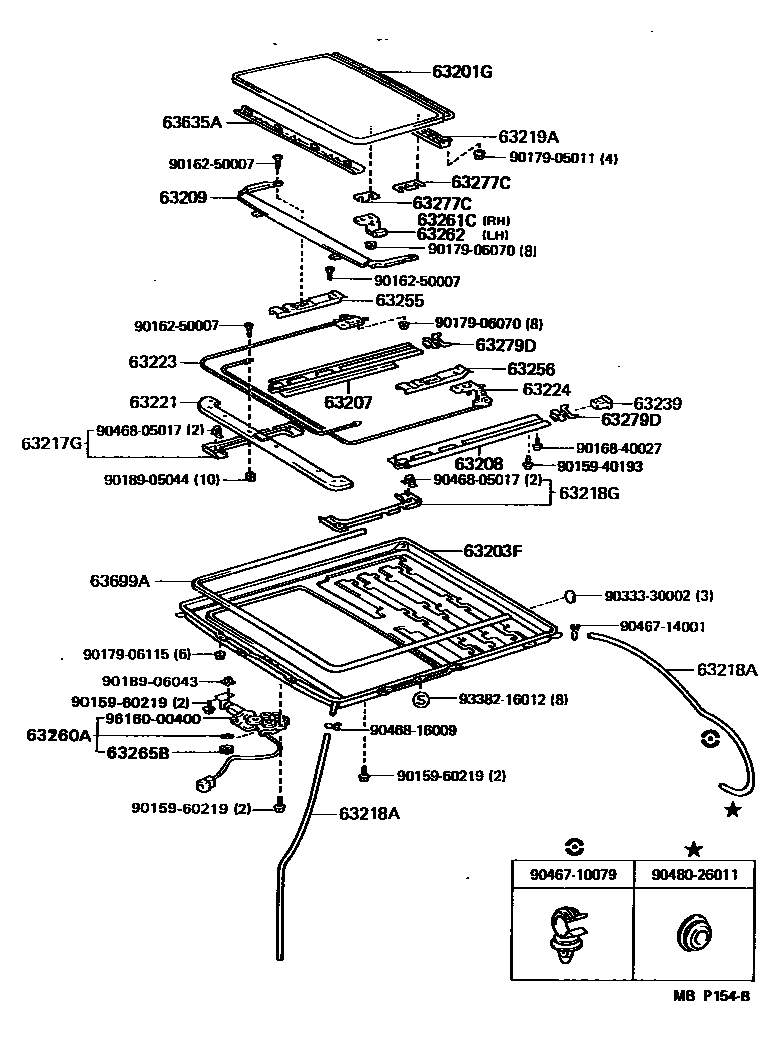Toyota CAMRY 天窗板和背窗玻璃 EPC diagram — MBP154B