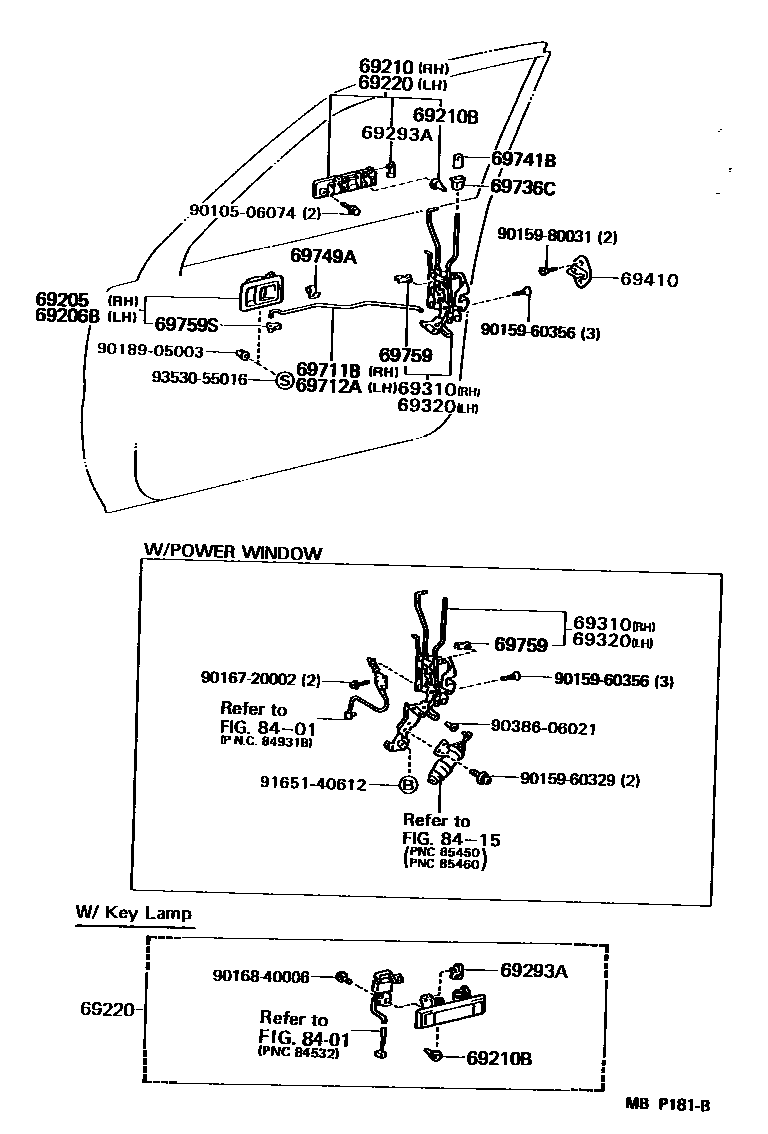Toyota CAMRY 前门锁和车门把手 EPC diagram — MBP181B