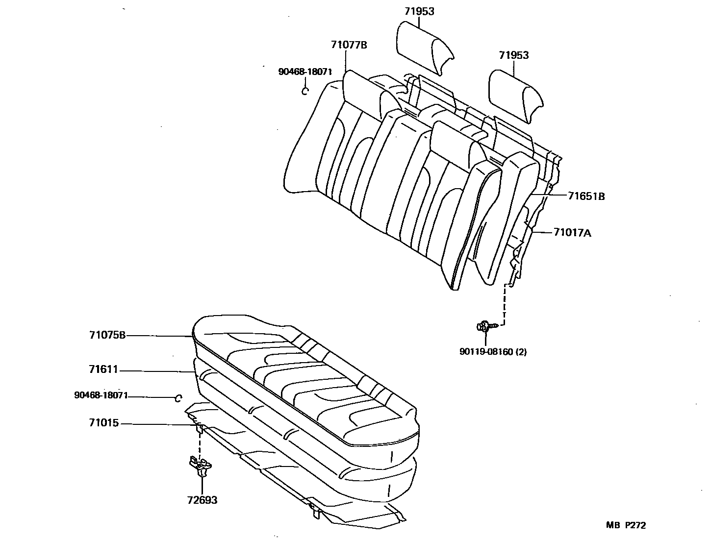 Toyota CAMRY 后排座椅和座椅滑轨 EPC diagram — MBP272