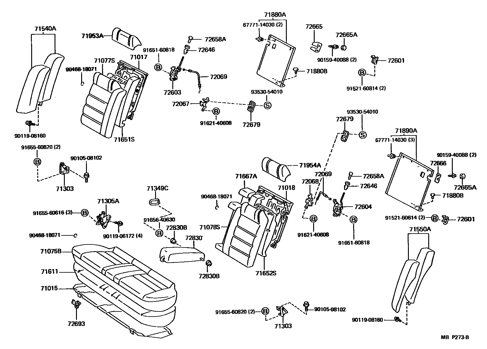 Toyota CAMRY 后排座椅和座椅滑轨 EPC diagram — MBP273B