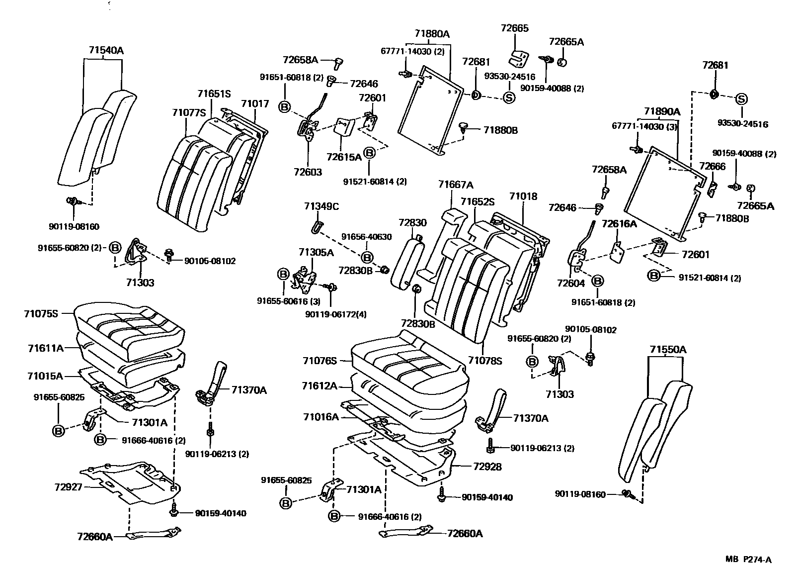 Toyota CAMRY 后排座椅和座椅滑轨 EPC diagram — MBP274A