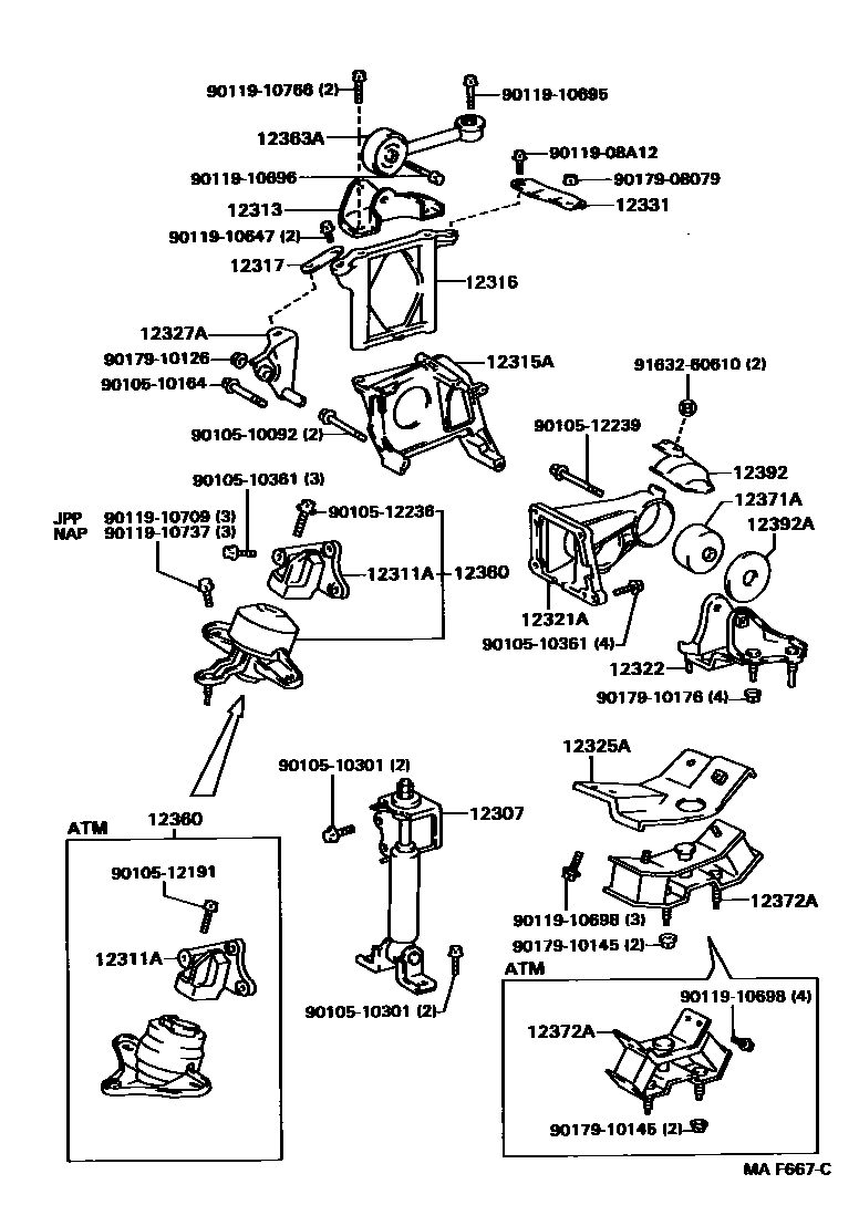Toyota CAMRY Engine Mounting EPC diagram — MAF667C