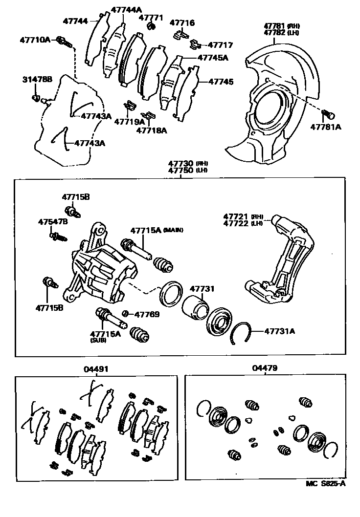 Toyota CAMRY 前盘式制动器卡钳和防尘罩 EPC diagram — MCS825A