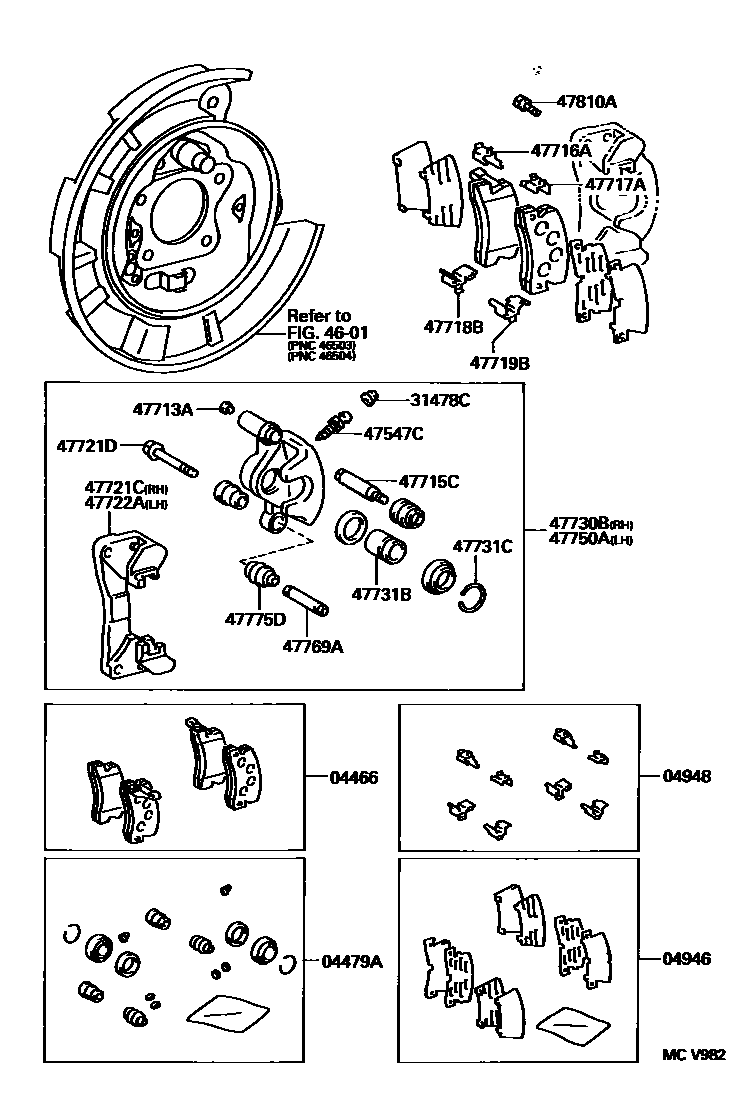 Toyota CAMRY 后盘式制动器卡钳和防尘罩 EPC diagram — MCV982