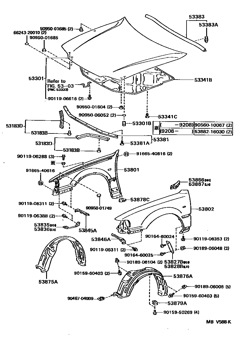 Toyota CAMRY 发动机盖和前翼子板 EPC diagram — MBV588K