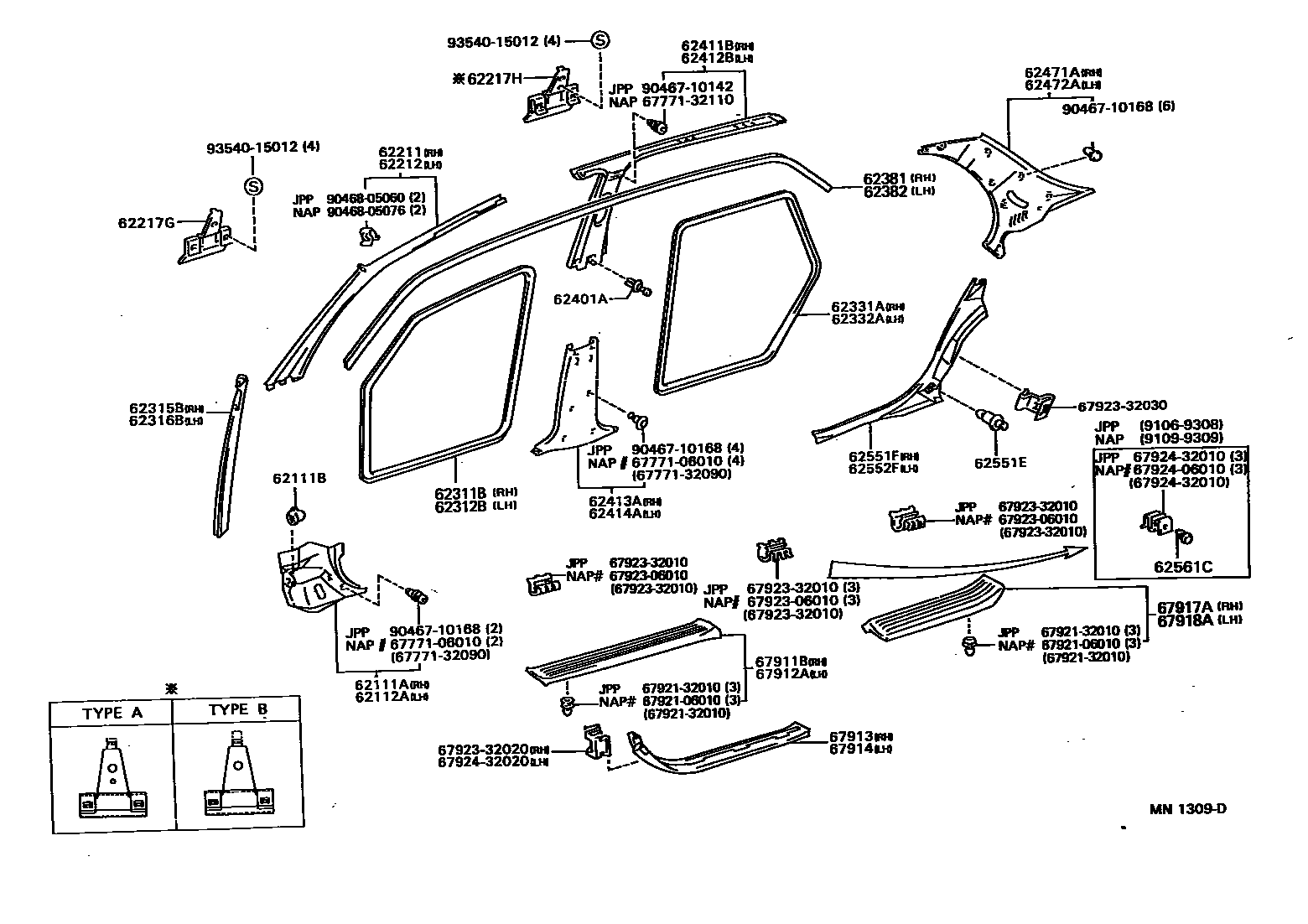 Toyota CAMRY 内饰板和车门防水胶条 EPC diagram — MN1309D