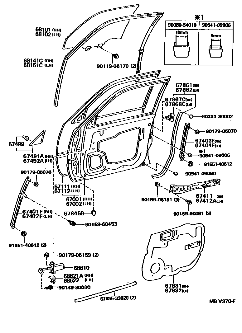Toyota CAMRY 前门板和前门玻璃 EPC diagram — MBV370F