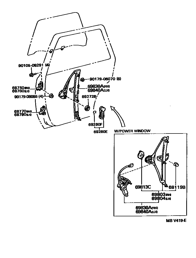 Toyota CAMRY 后门车窗升降器和合页 EPC diagram — MBV419E