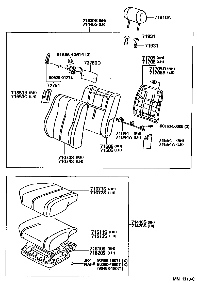 Toyota CAMRY 前排座椅和座椅滑轨 EPC diagram — MN1313C