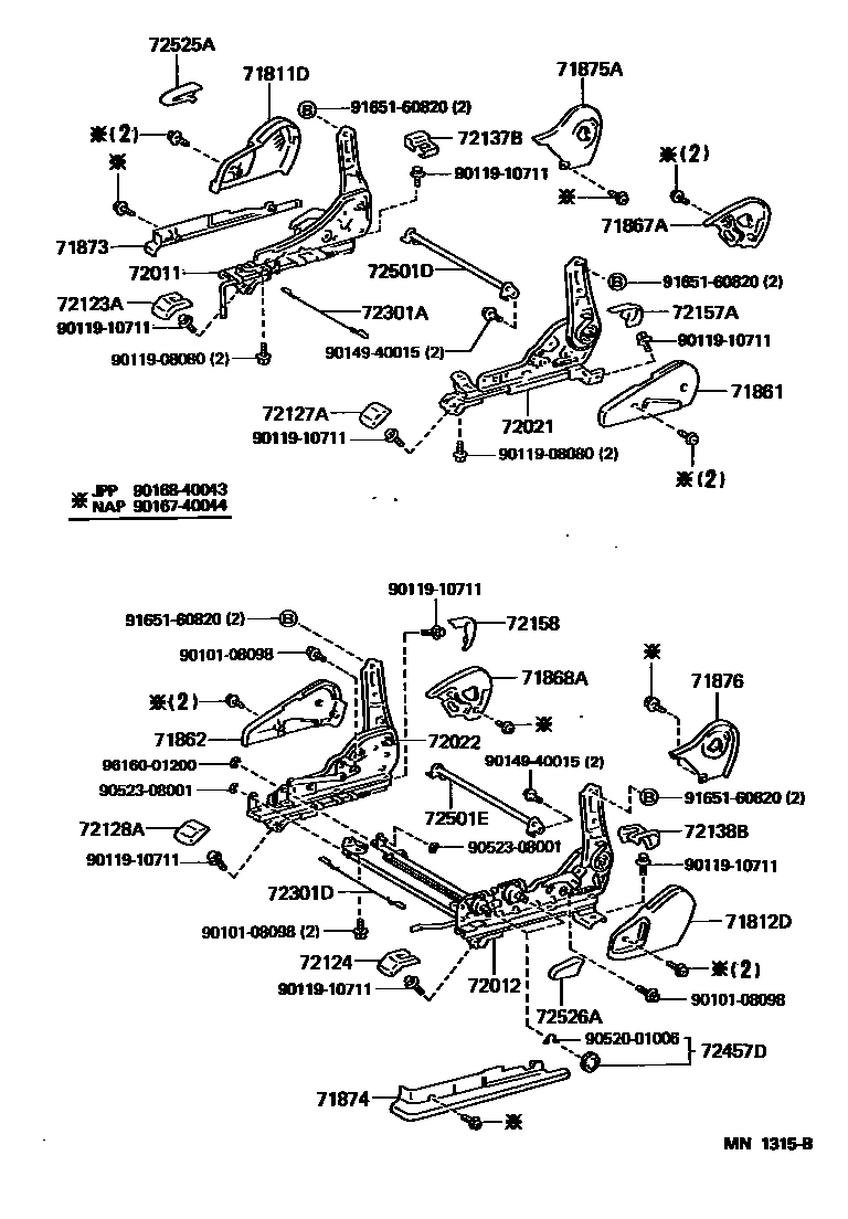Toyota CAMRY 前排座椅和座椅滑轨 EPC diagram — MN1315B