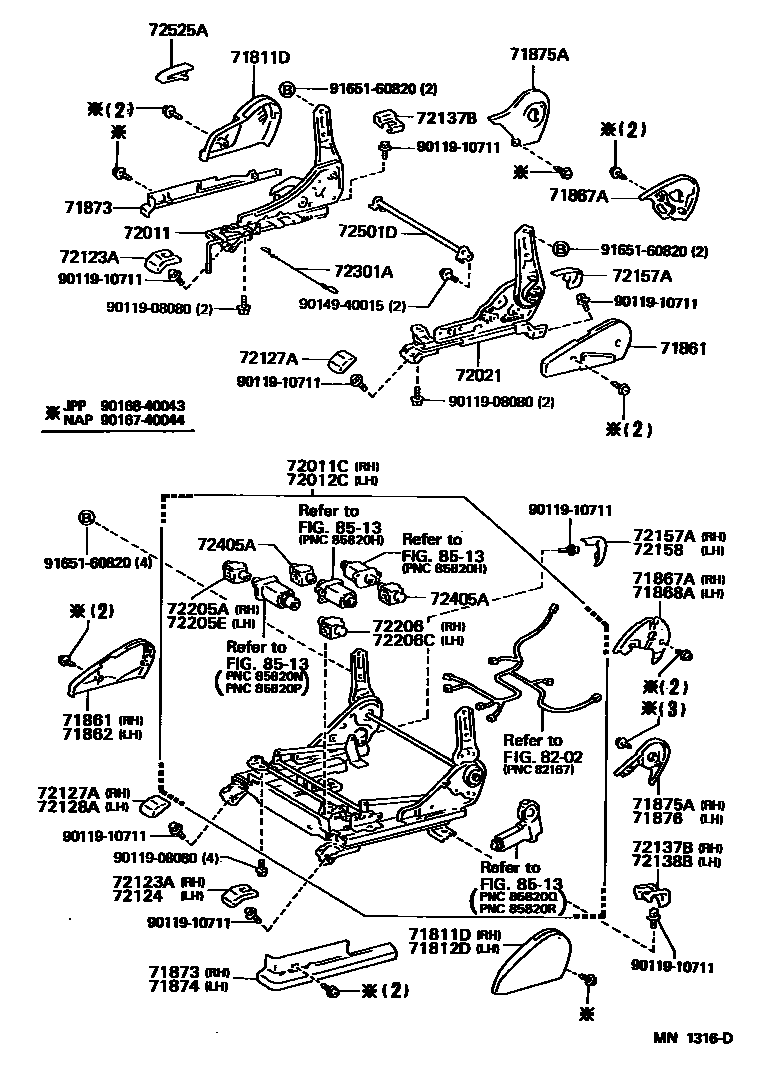 Toyota CAMRY 前排座椅和座椅滑轨 EPC diagram — MN1316D