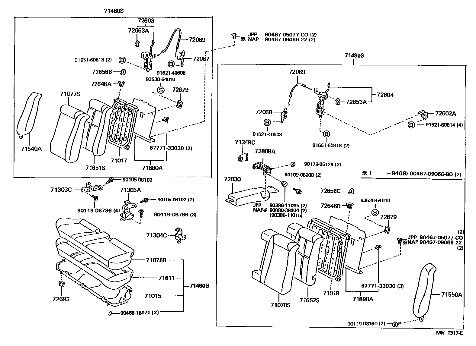 Toyota CAMRY 后排座椅和座椅滑轨 EPC diagram — MN1317E