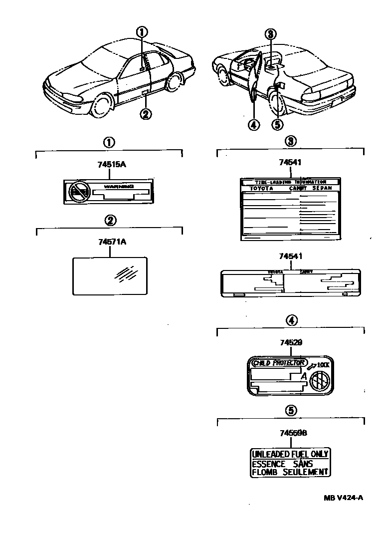 Toyota CAMRY 警示铭牌(车外和车内) EPC diagram — MBV424A
