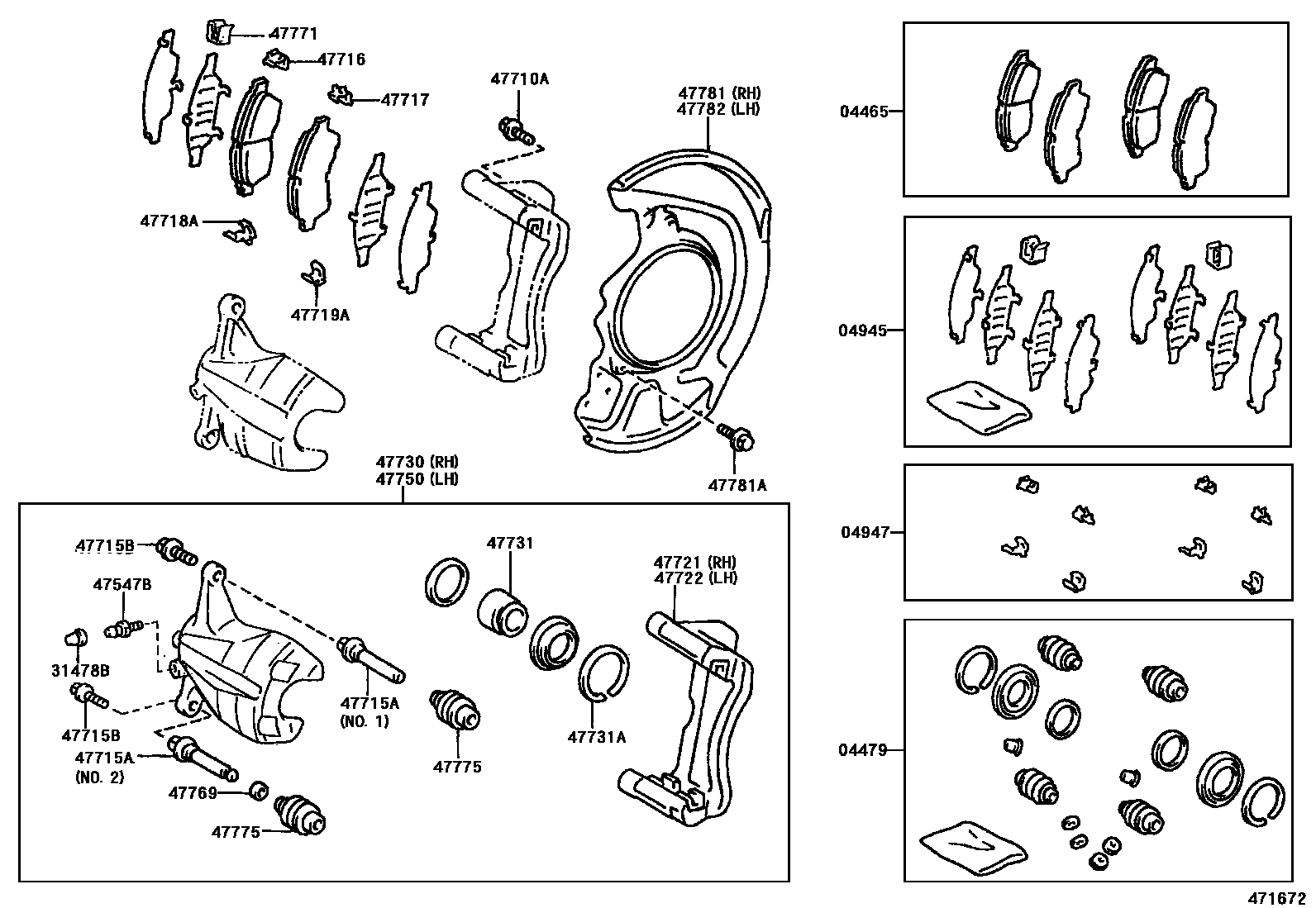 Toyota CAMRY 前盘式制动器卡钳和防尘罩 EPC diagram — 471672