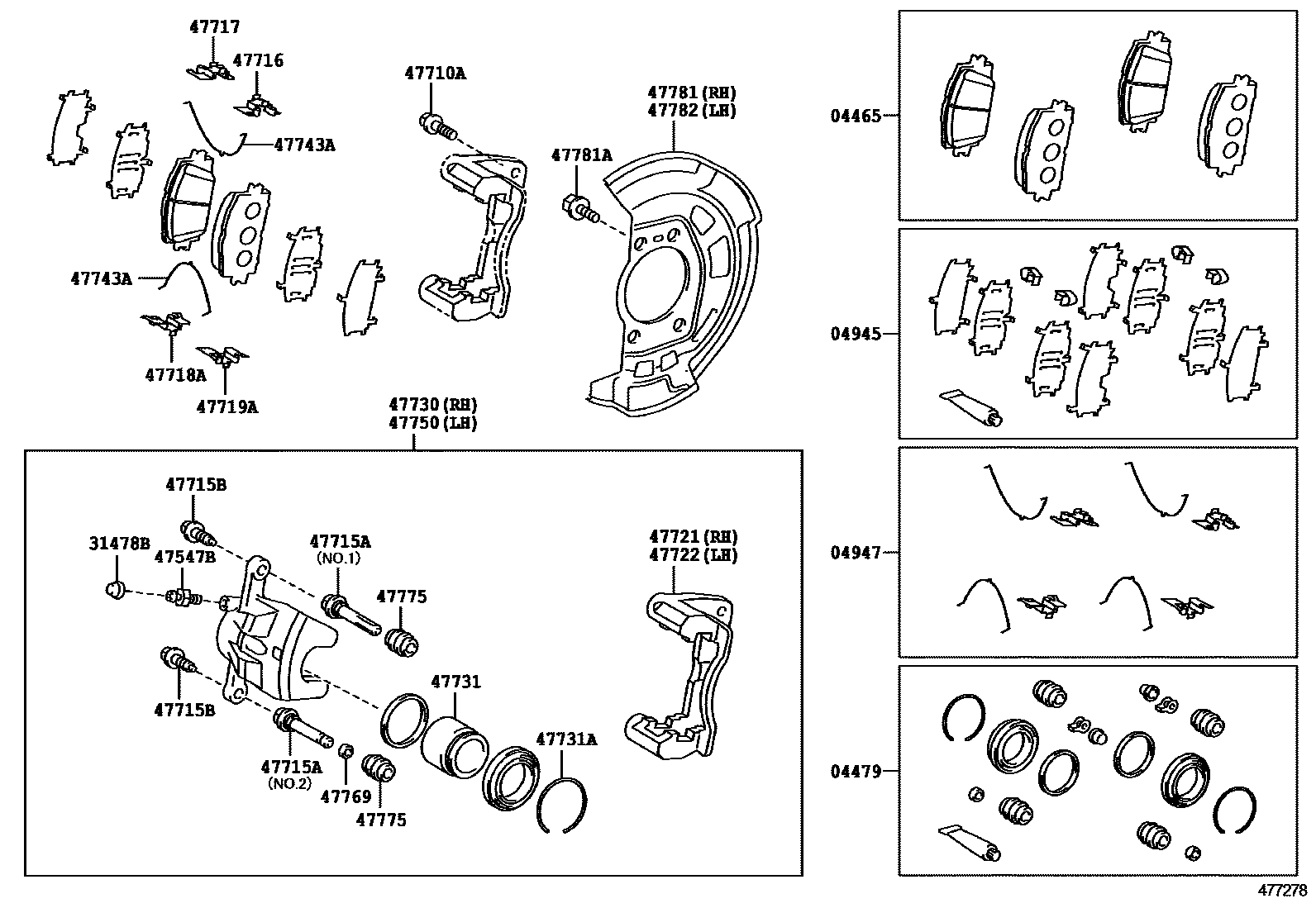 Toyota CAMRY 前盘式制动器卡钳和防尘罩 EPC diagram — 477278