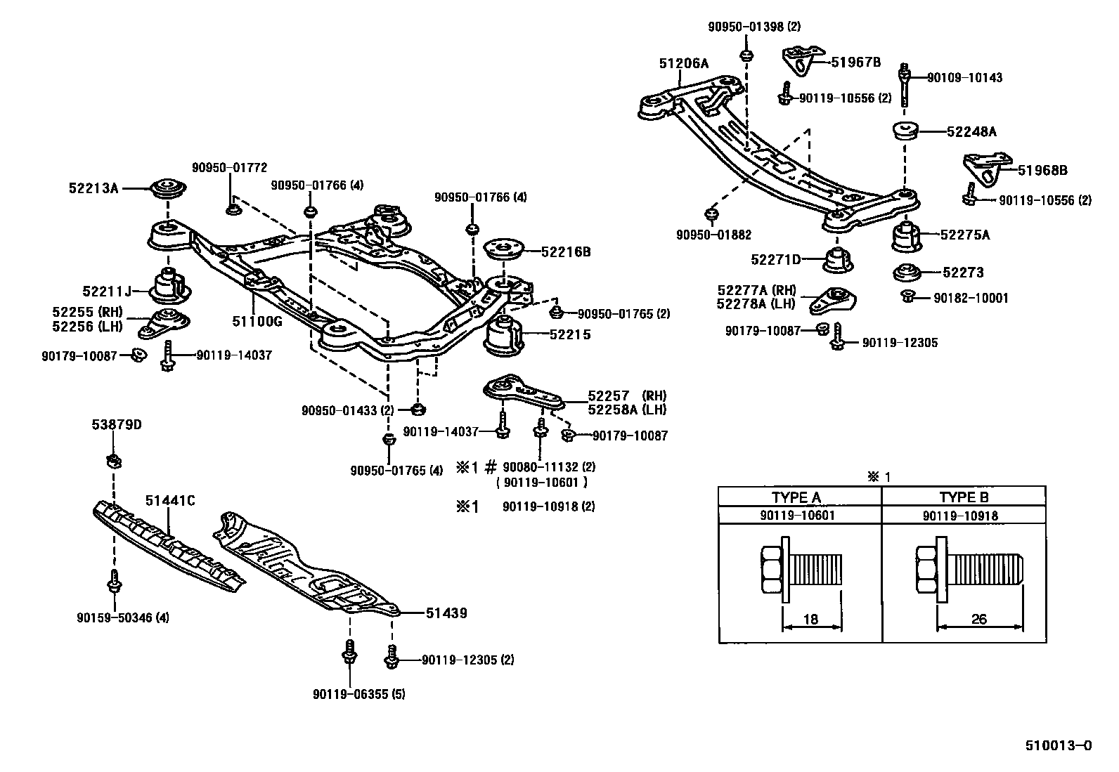Toyota CAMRY 悬架横梁和发动机底罩 EPC diagram — 510013O