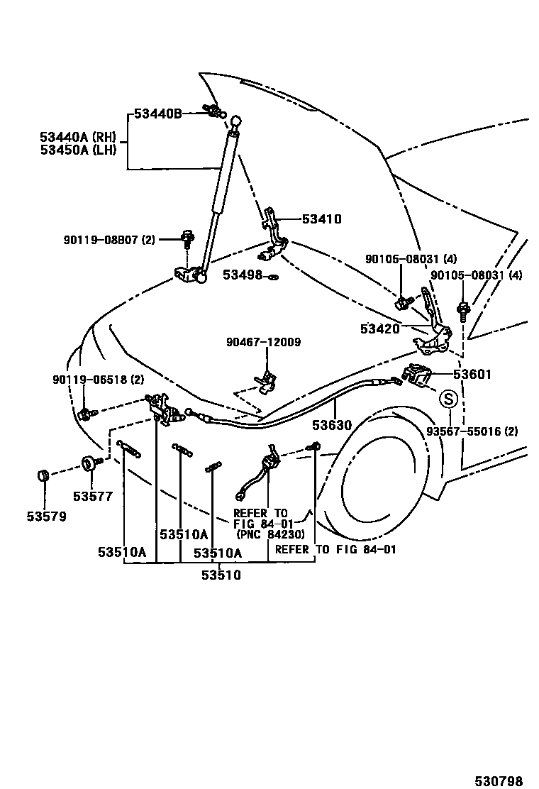 Toyota CAMRY 发动机盖锁和铰链 EPC diagram — 530798