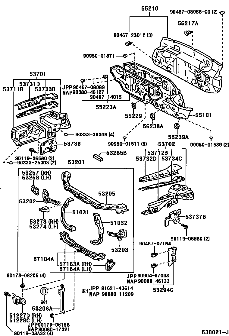 Toyota CAMRY 前翼子板挡泥板和前围板 EPC diagram — 530021J
