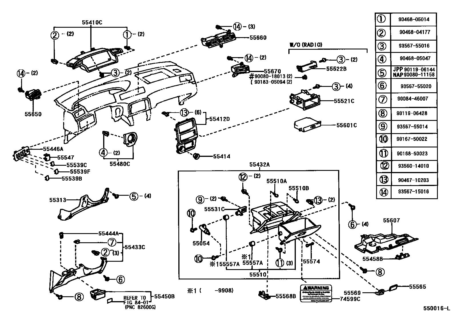Toyota CAMRY 仪表板和手套箱 EPC diagram — 550016L